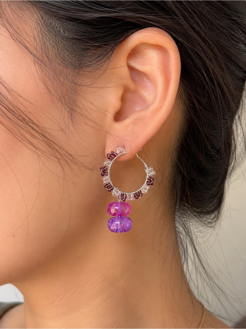 Handmade Stainless Steel Purple Beaded Hoop Earrings Statement Dangle Earrings
